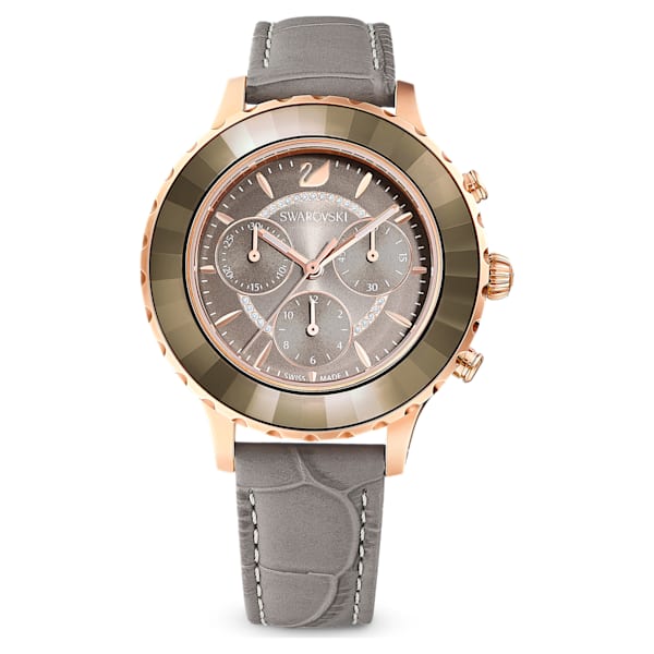 swarovski octea lux chrono watch leather strap gray rose gold tone pvd swarovski 5452495