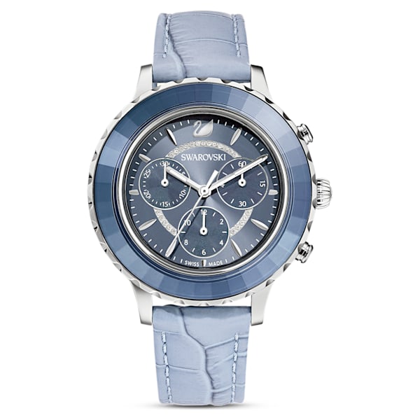 swarovski octea lux chrono watch leather strap blue stainless steel swarovski 5580600