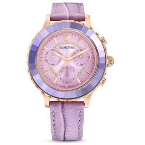 Swarovski octea lux chrono watch leather strap purple rose gold tone finish swarovski 5632263 (1)
