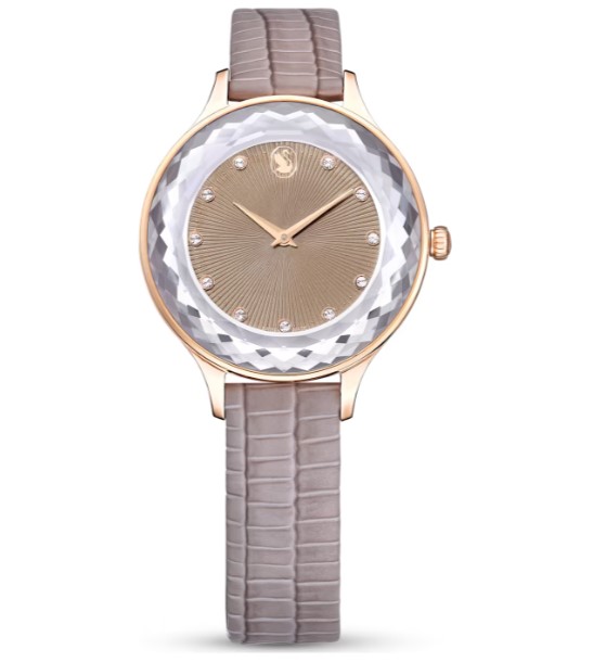 Swarovski octea nova watch swiss made leather strap beige rose gold tone finish swarovski 5649999